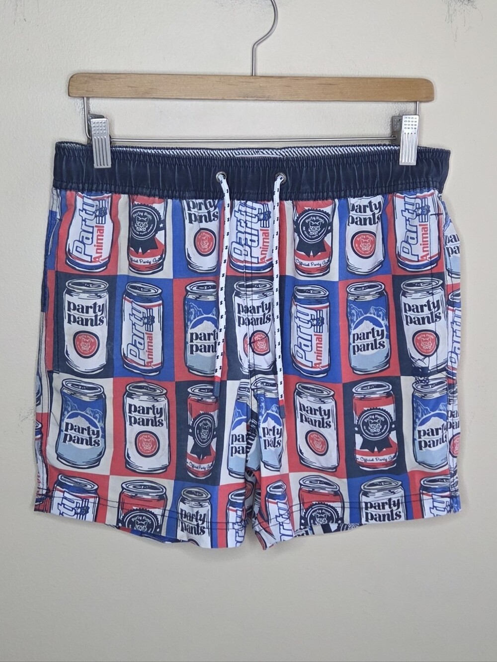 Party Pants Chug Club Beer Can Graphic Print Shorts Size Small Red White Blue